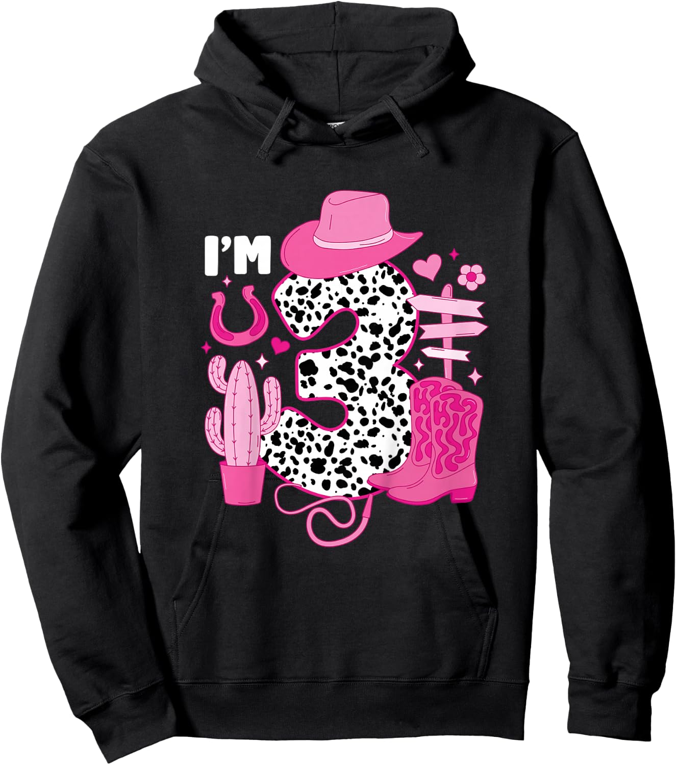 Kids 3rd Birthday Cowgirl Three Year Old Cow Girl Birthday Party Hoodie - Hoodie | Black