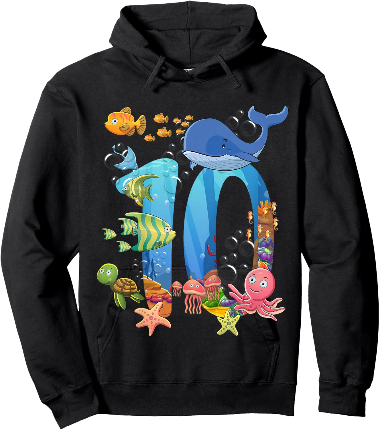 10 Years Old Sea Fish Ocean Animal 10th Birthday Boy Girl Hoodie - Hoodie | Black