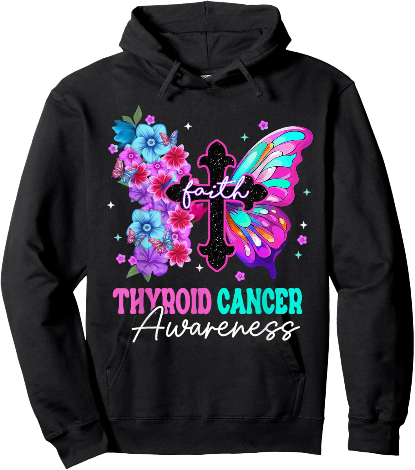 Faith Butterfly Christian Cross Thyroid Cancer Awareness Hoodie - Hoodie | Black