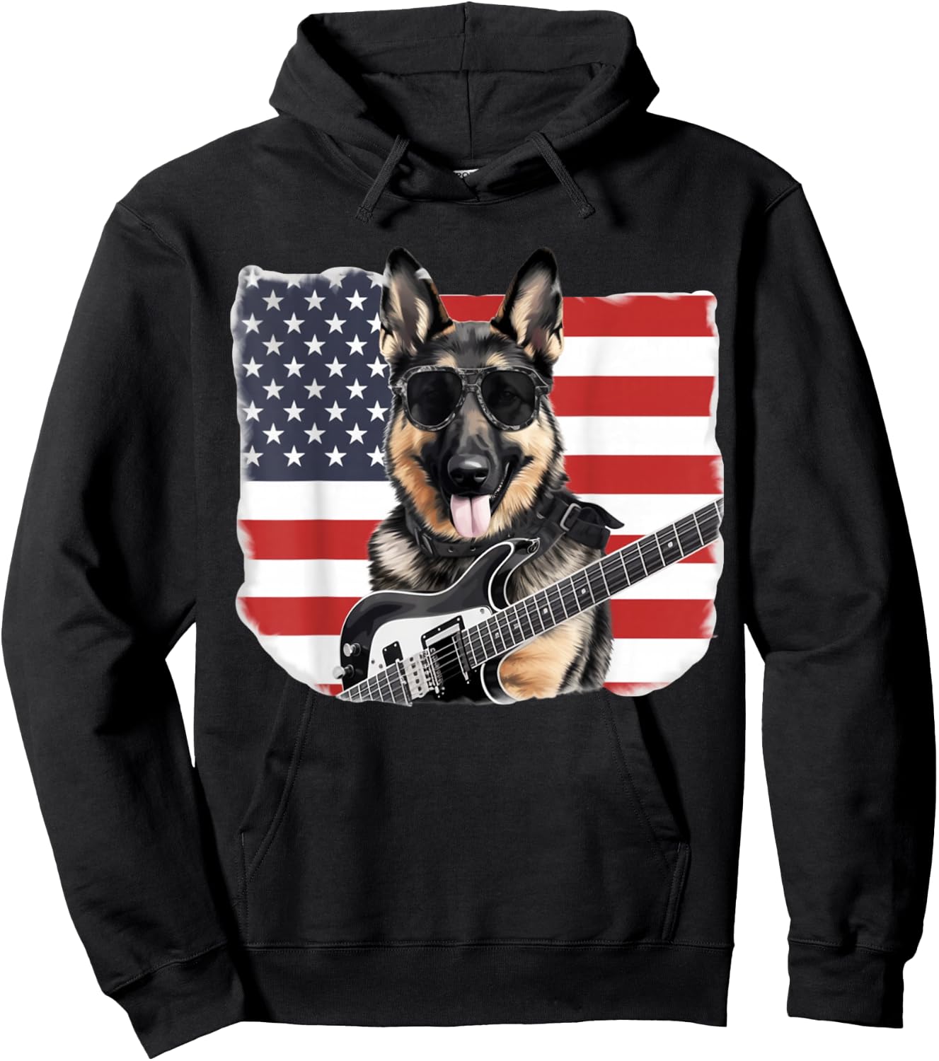 Sunglasses German Shepherd Guitar Rock & Roll American Flag Hoodie - Hoodie | Black