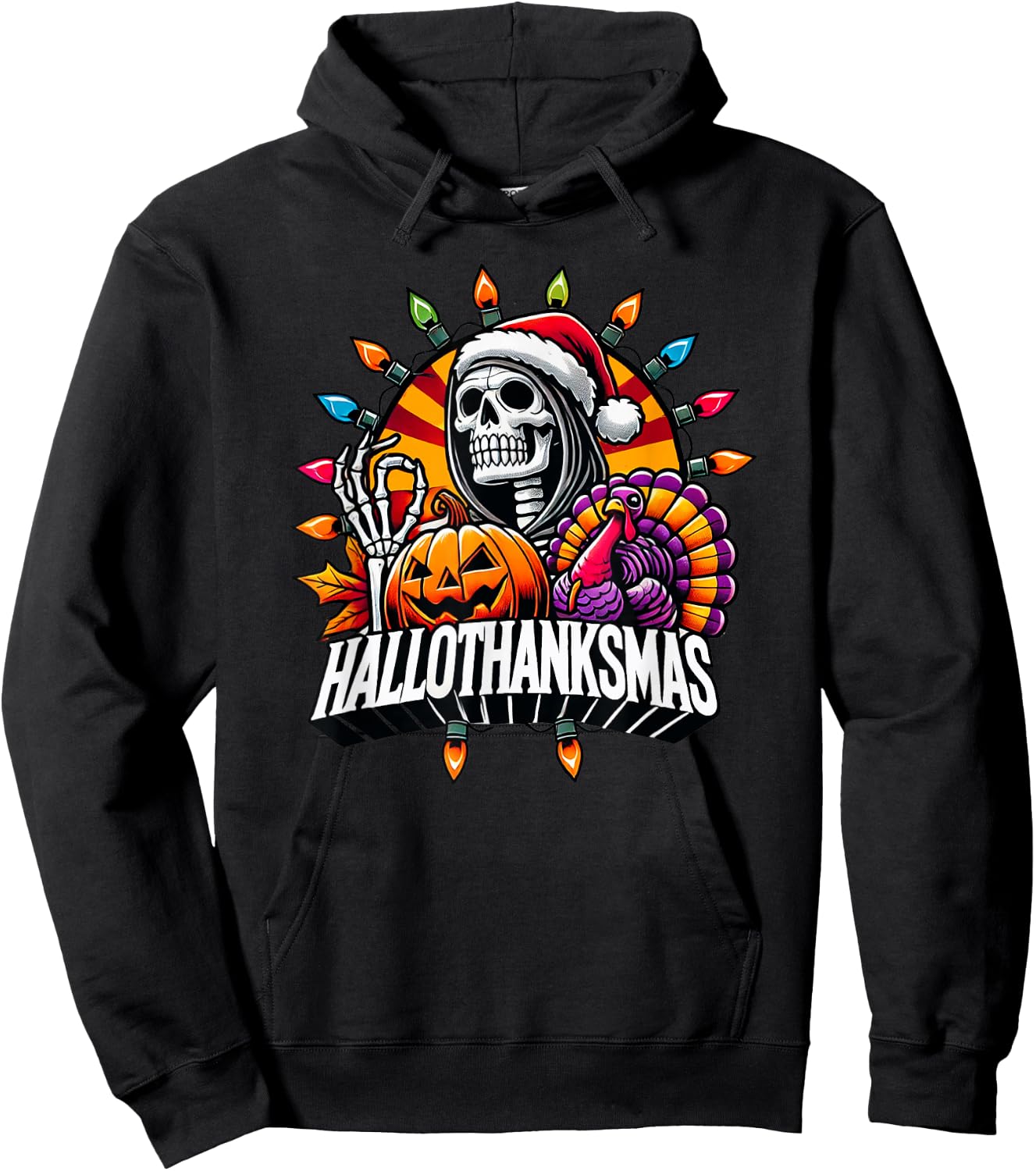 Happy HallowThanksMas Halloween Thanksgiving Christmas Fall Hoodie - Hoodie | Black