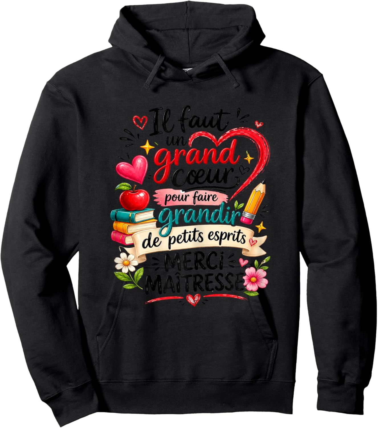 Cadeau Maîtresse d'École Fin d'Année Cœur Merci Original Hoodie - Hoodie | Black