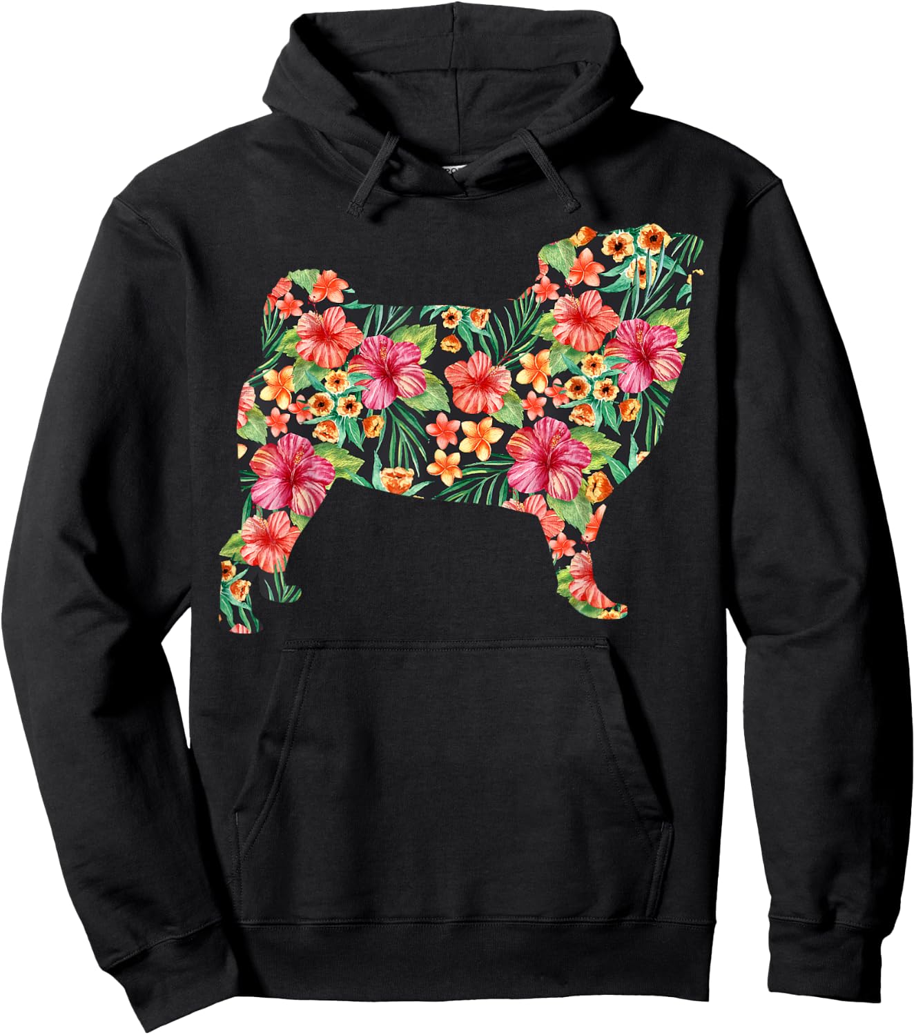 Pug Flower Funny Dog Silhouette Floral Gifts Women Men Hoodie - Hoodie | Black