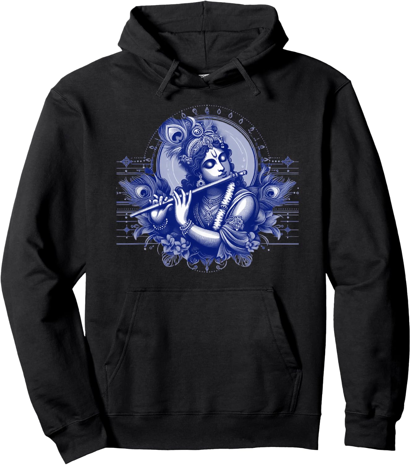 Krishna playing flute and peacock feather crown Hoodie - Hoodie | Black