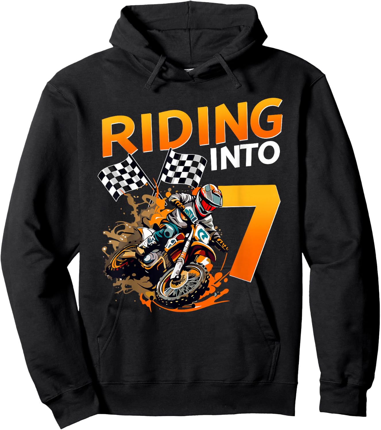 Riding Into 7 Years Old Birthday Dirt Bike Boy 7th Party Hoodie - Hoodie | Black