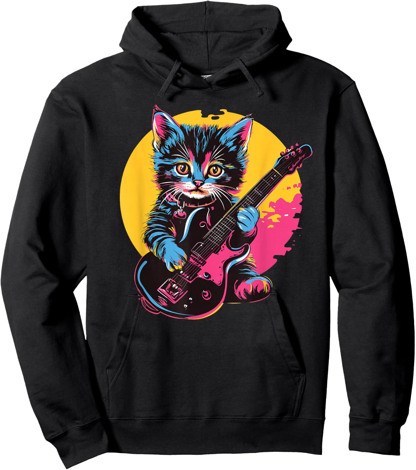 Cute Kitten Playing Guitar Rock Style , Black, S Hoodie - Hoodie | Black