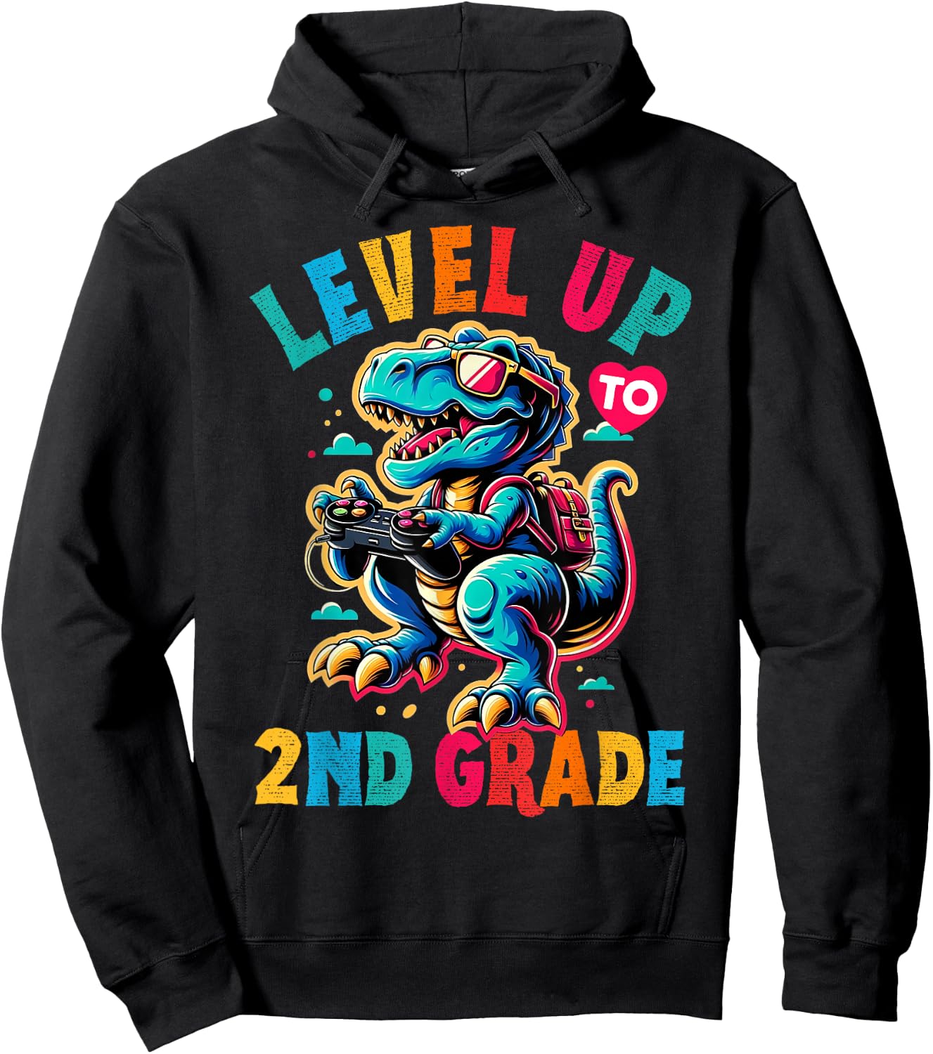 Dinosaur boys back to School 2nd grade Level up video games Hoodie - Hoodie | Black