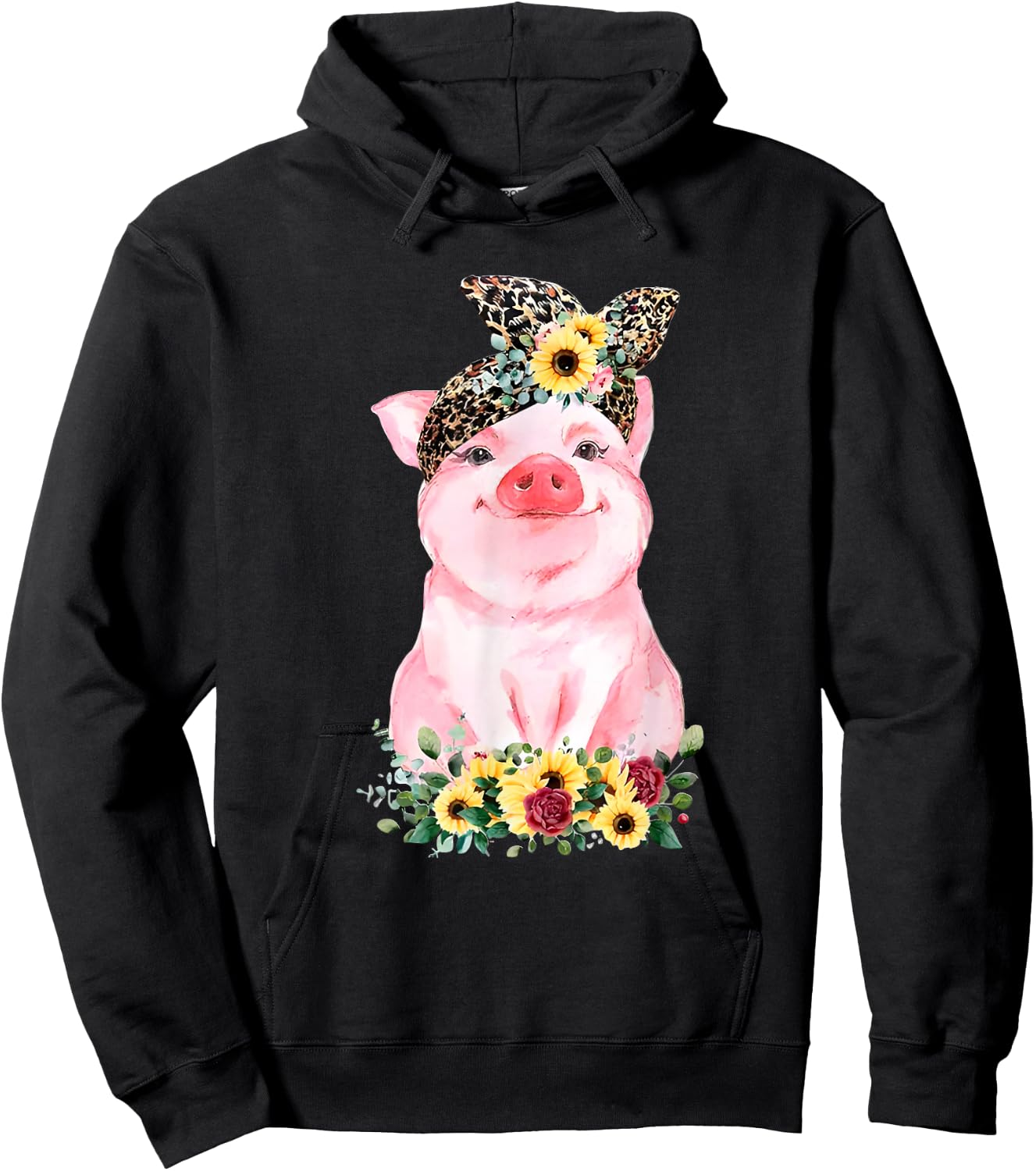 Pig With Leopard Headband Flower Cute Pig Lover Hoodie - Hoodie | Black
