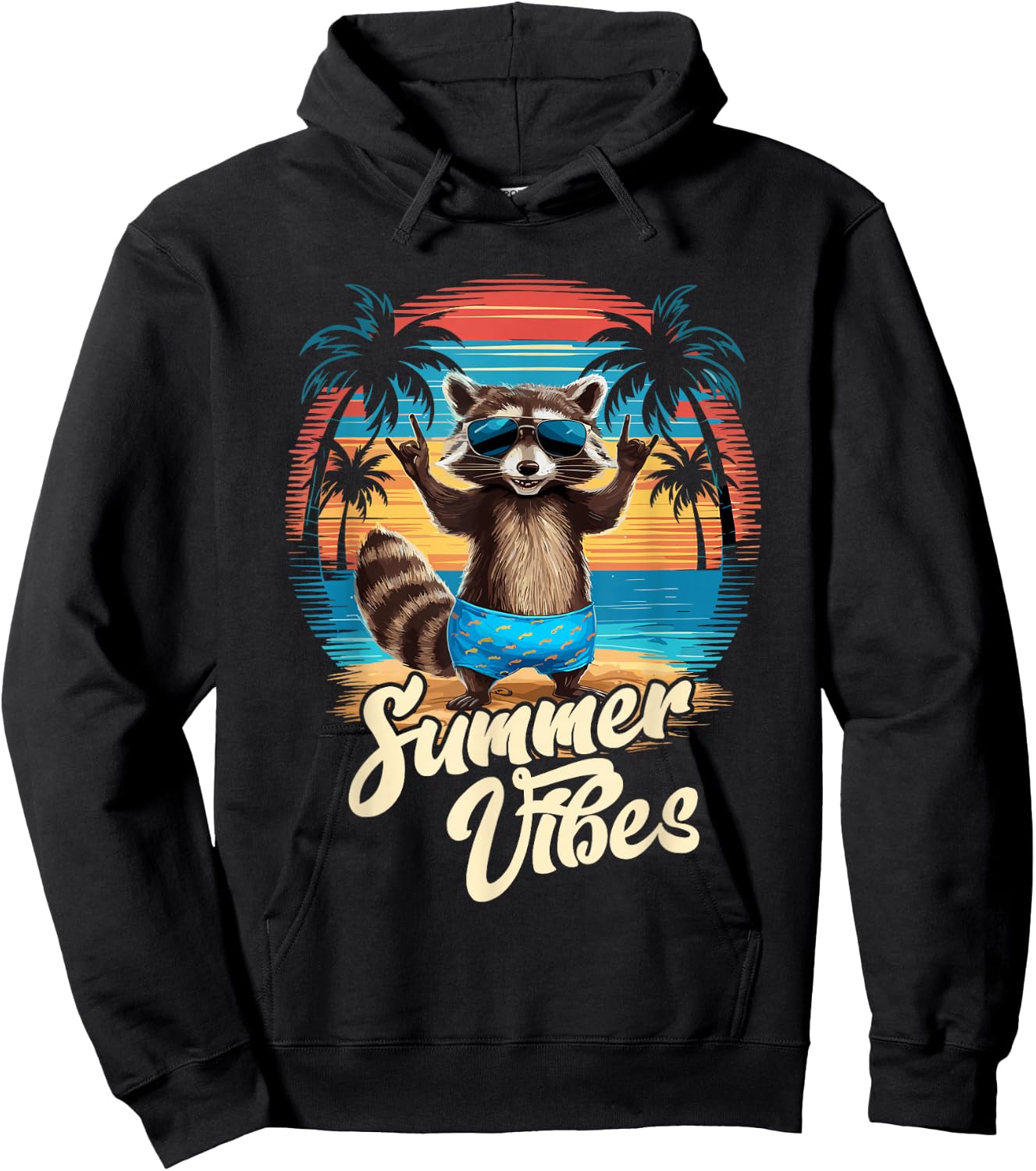 Beach Caribbean Party Hawaii Holiday Surfer Raccoon Summer , black Hoodie - Hoodie | Black