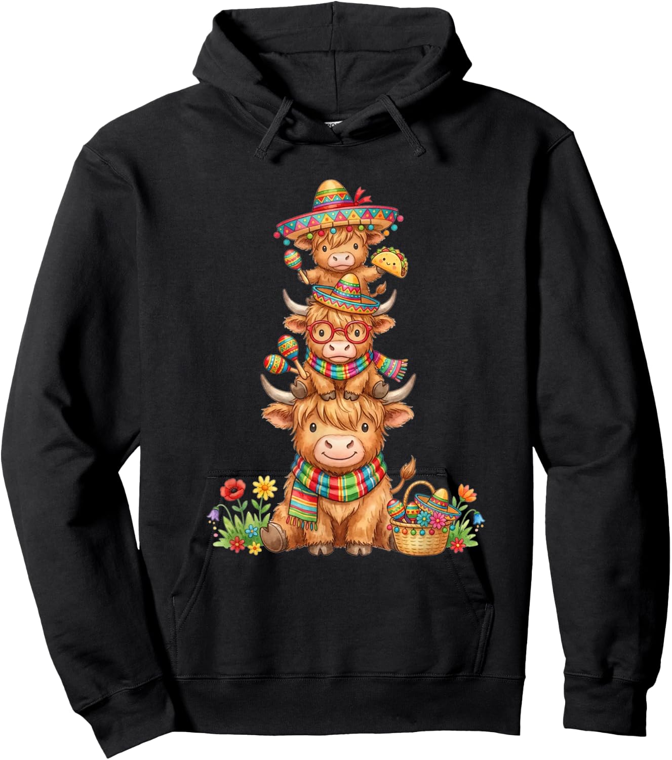 Highland Cow Fiesta with Sombrero and Maracas Cinco De Mayo Hoodie - Hoodie | Black