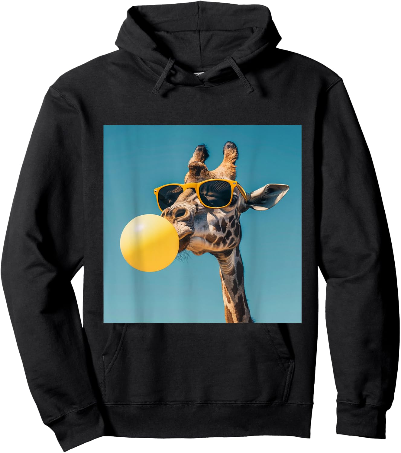 Giraffe chewing Yellow gum and Wearing sunglasses Hoodie - Hoodie | Black