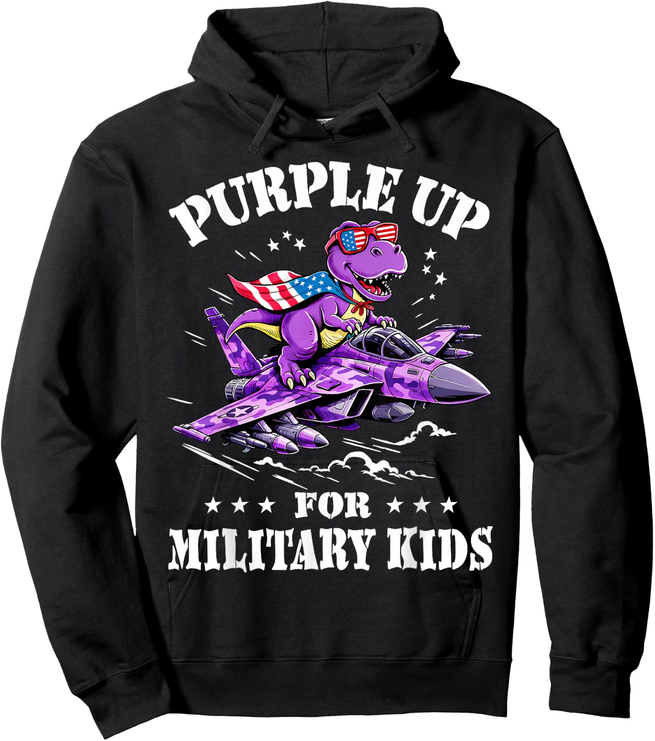 Purple up Proud Military Kids Shirt Dinosaur Military Child Hoodie - Hoodie | Black