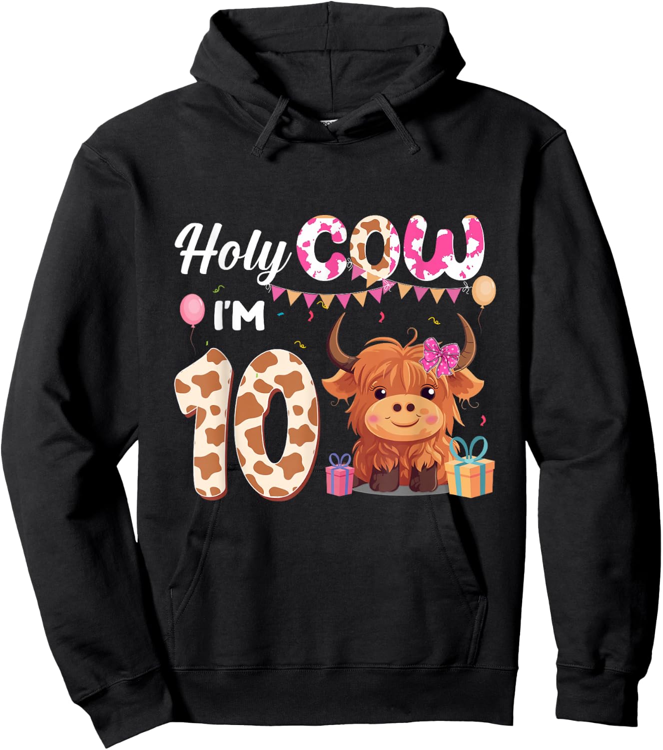Holy Cow I'm 10 Year Old Birthday Highland Cow 10th Bday Kid Hoodie - Hoodie | Black