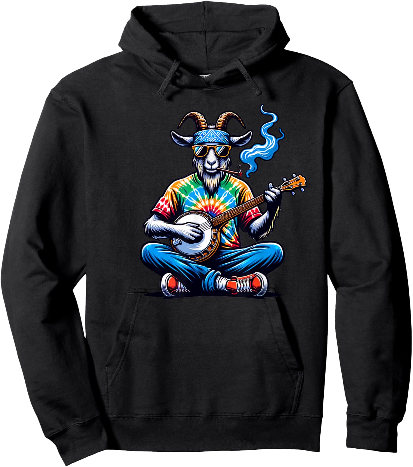 Goat Playing Bluegrass Music on a Banjo Wearing Tie Dye Hoodie - Hoodie | Black