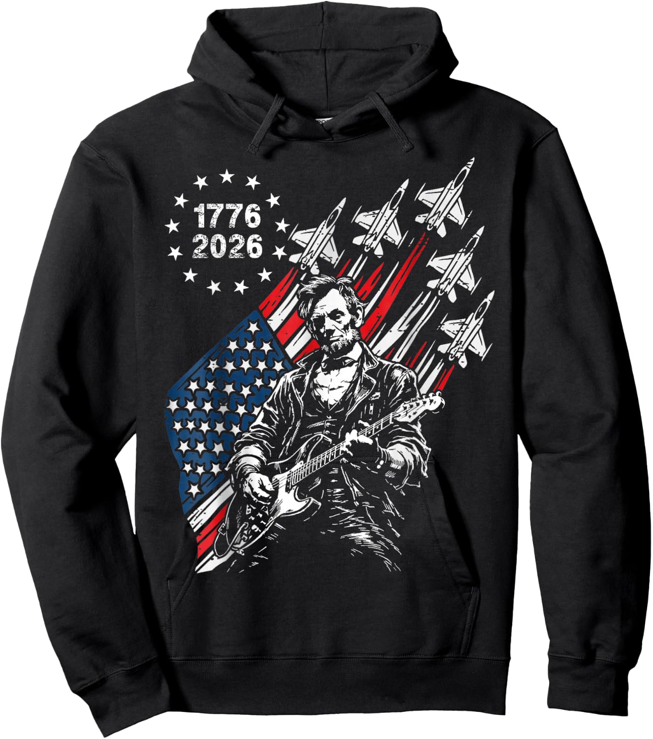 250 Years Fighter Jets US Flag Abe Lincoln Playing Guitar Hoodie - Hoodie | Black