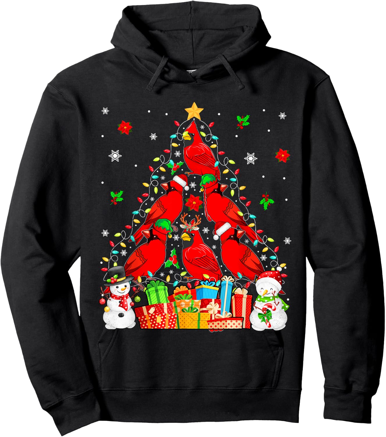 Group Santa Reindeer Elf Cardinal Birds As Xmas Tree Snowmen Hoodie - Hoodie | Black