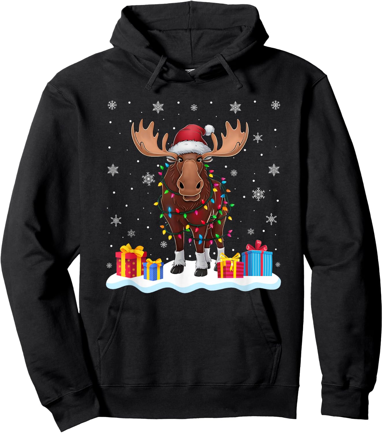 Moose Santa Hat Christmas Tree Light Xmas Pajama Hoodie - Hoodie | Black