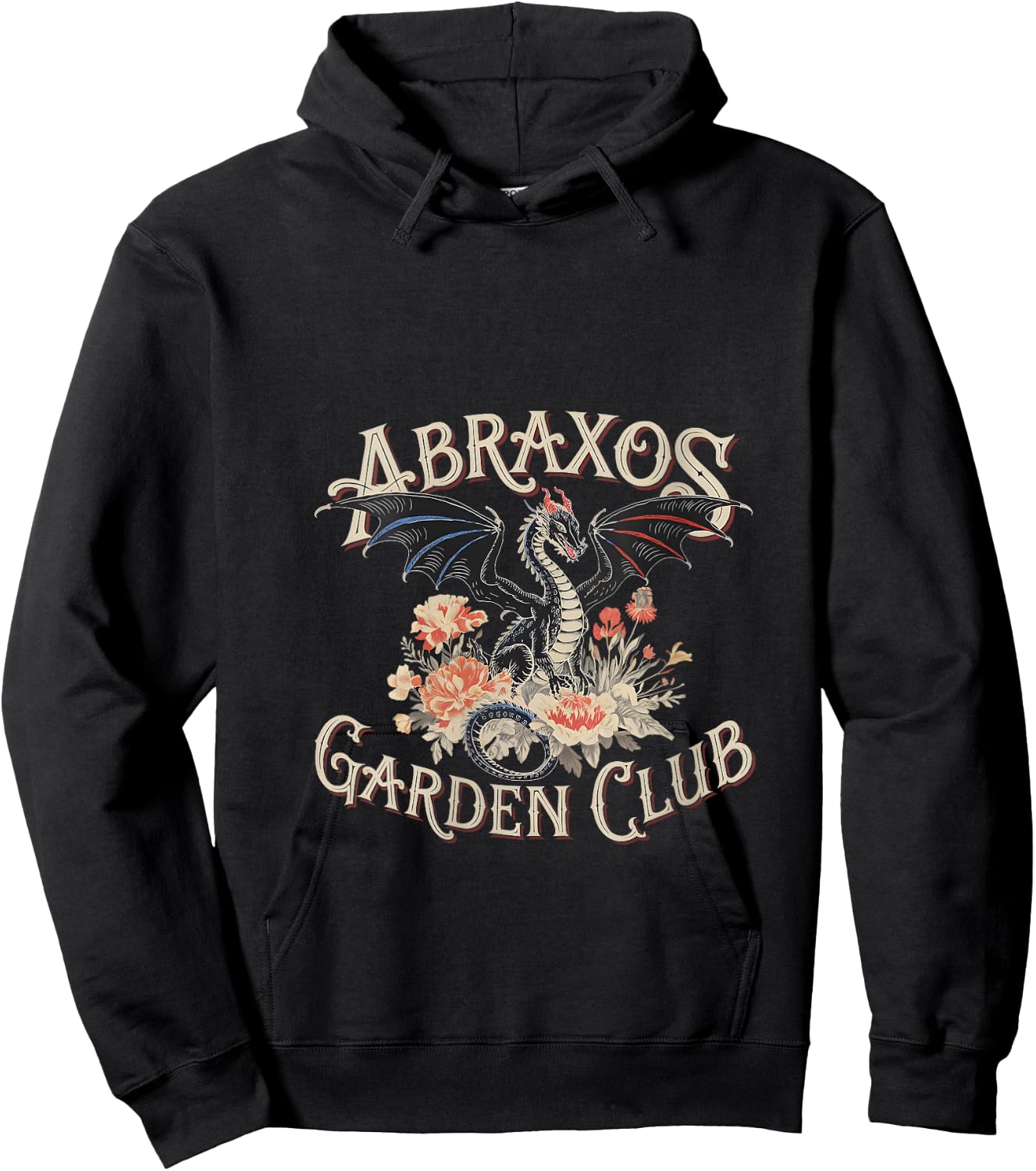 Abraxos Garden Club Dragon Vintage Fantasy Floral Design V-Neck Hoodie - Hoodie | Black