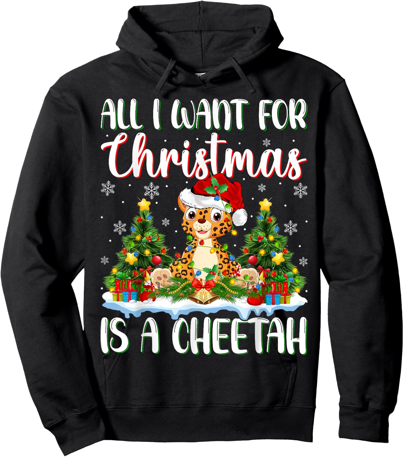 I Want For Christmas Is A Cheetah Xmas Tree Lights Hoodie - Hoodie | Black