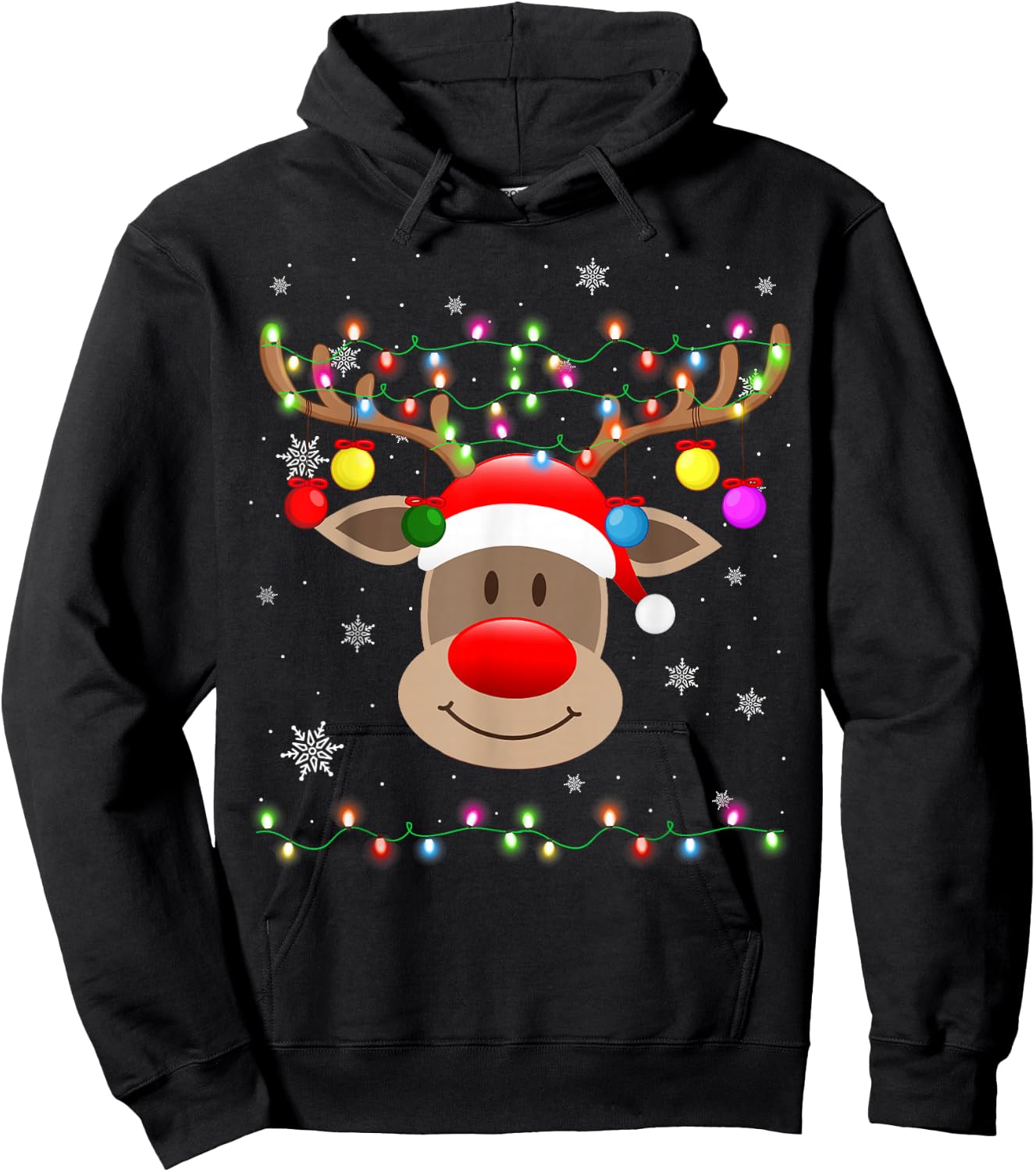 Red Nose Reindeer Snowflakes Chirstmas Lights Hoodie - Hoodie | Black
