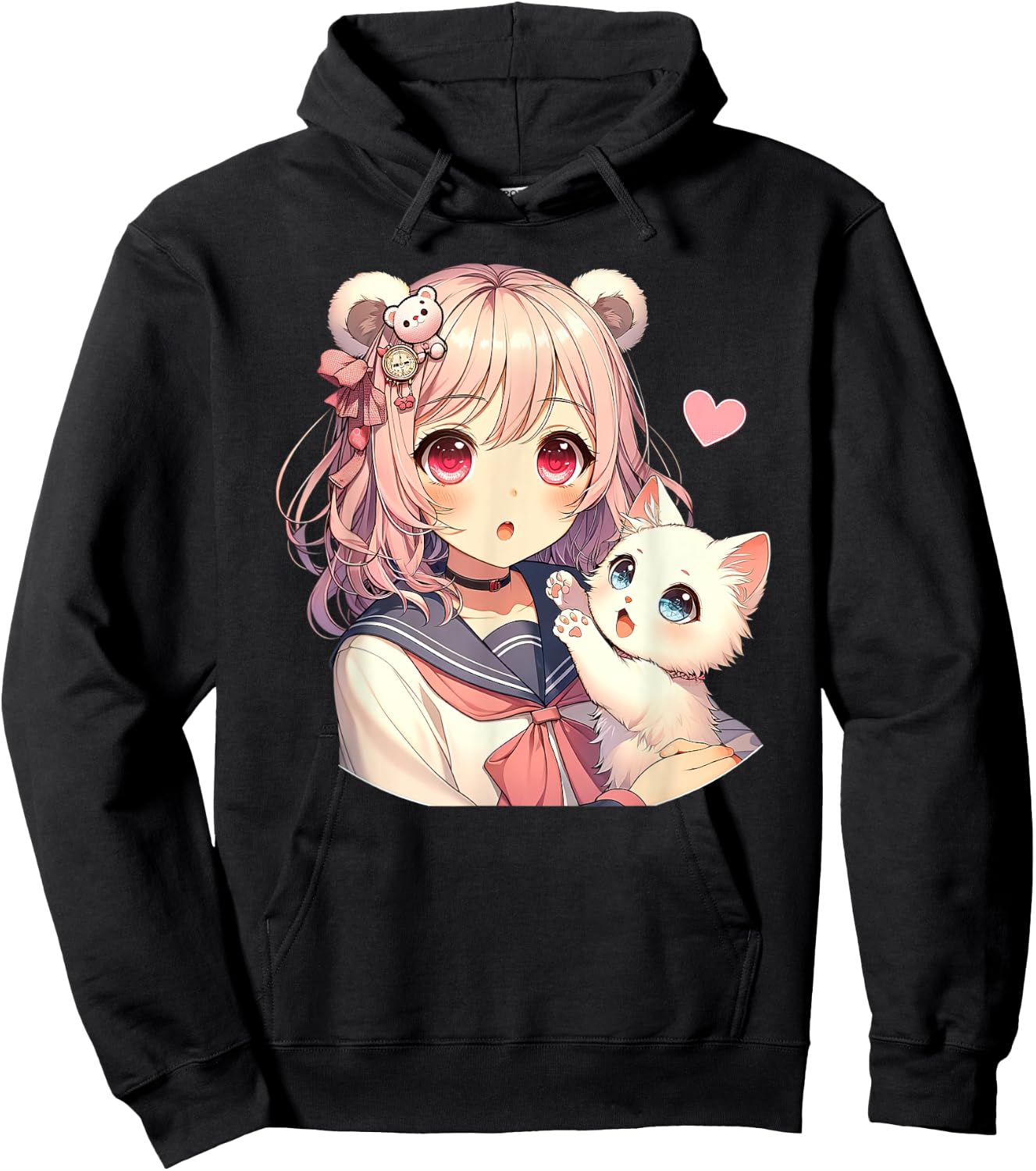 Anime Kawaii, girl with cute cat, adorable pink design, Otaku , Black, S Hoodie - Hoodie | Black