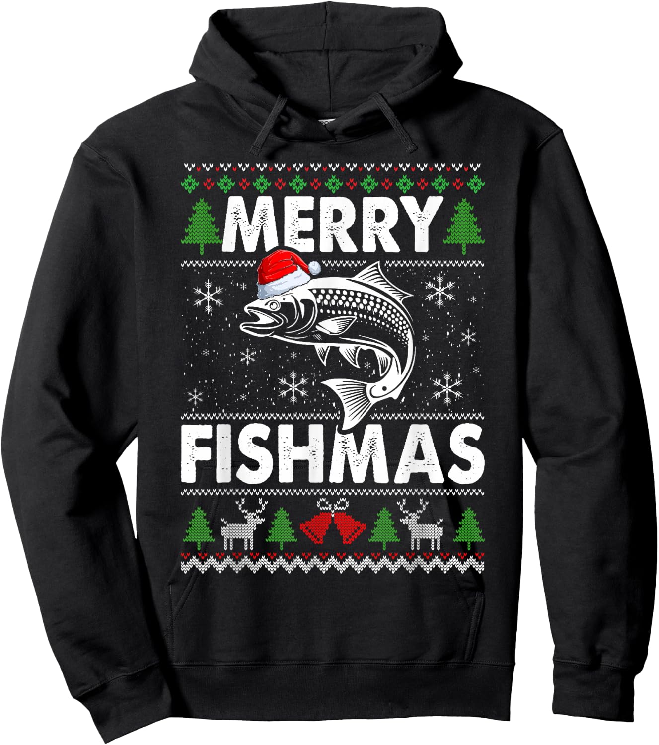 Merry Fishmas Fisherman Fishing Ugly Christmas Hoodie - Hoodie | Black