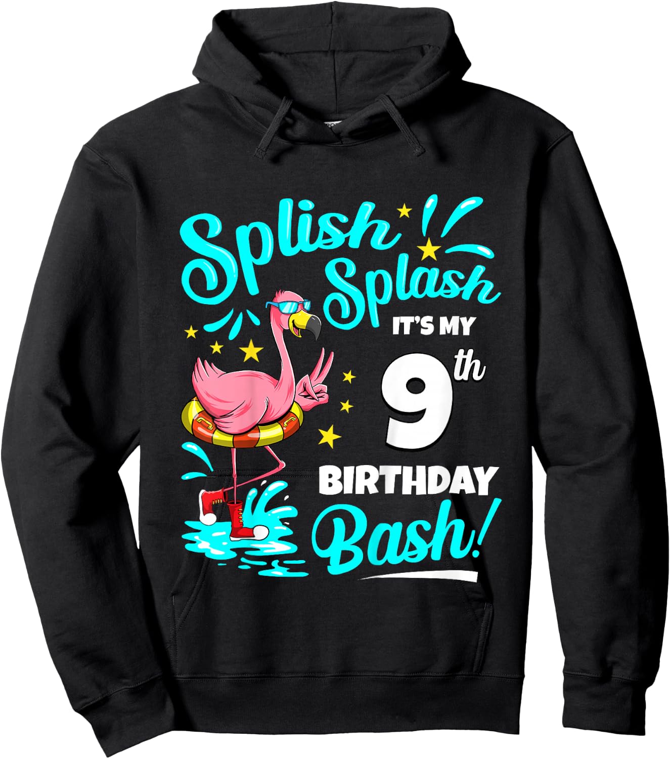 9th Birthday Flamingo 9 Years Old Pool Party Summer Hoodie - Hoodie | Black