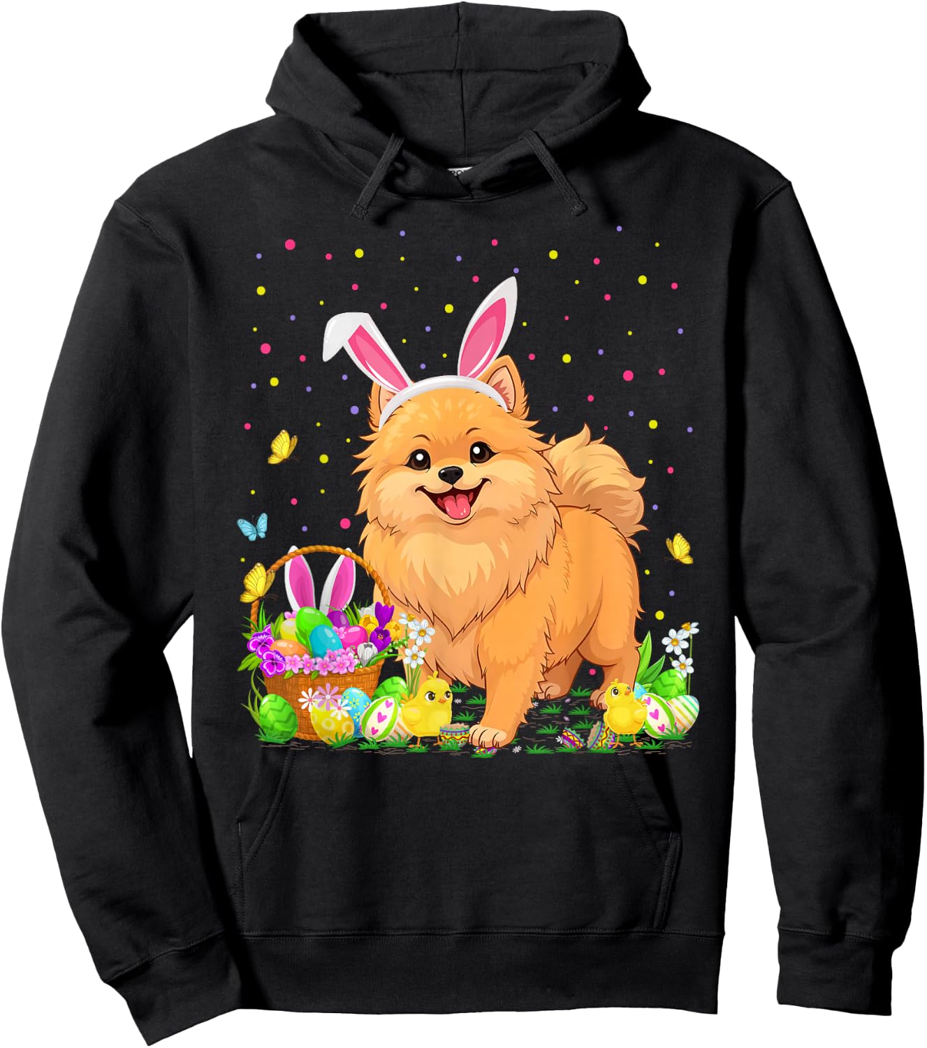 Pomeranian Dog Easter Egg Hunt Bunny Ear Pomeranian Easter Hoodie - Hoodie | Black