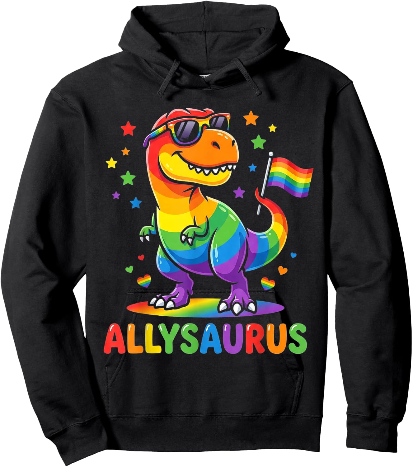 Allysaurus Dinosaur LGBTQ Ally Pride Support Rainbow Flag Hoodie - Hoodie | Black