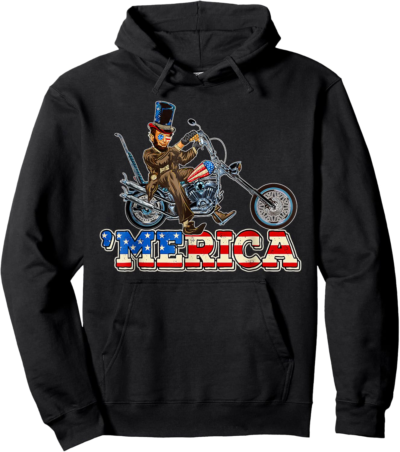 4th of July Themed Abe Lincoln riding a Chopper motorcycle Kids Men Hoodie - Hoodie | Black