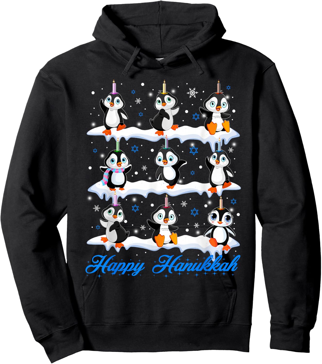 Happy Hanukkah Penguin Chanukkah Jewish Holiday Pajama Hoodie - Hoodie | Black