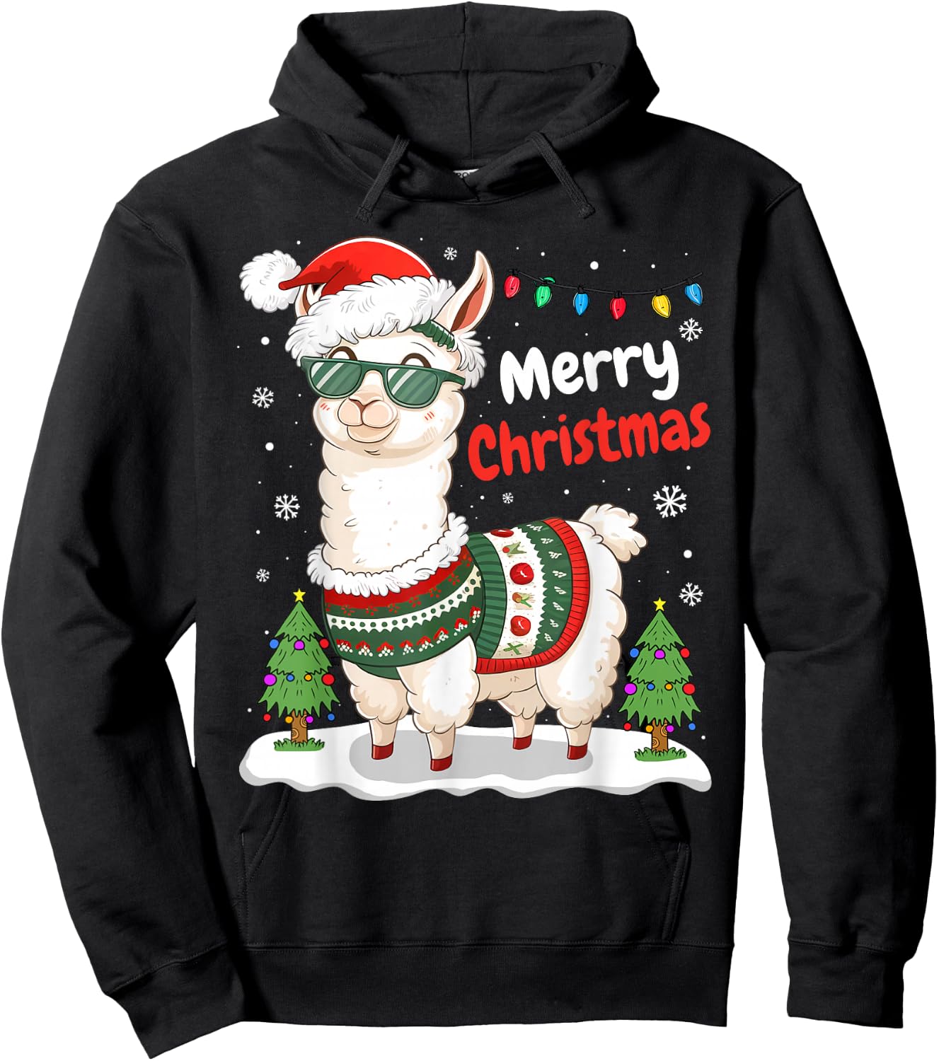 Merry Christmas Cute Llama Lover Funny Xmas Family Pajamas Hoodie - Hoodie | Black