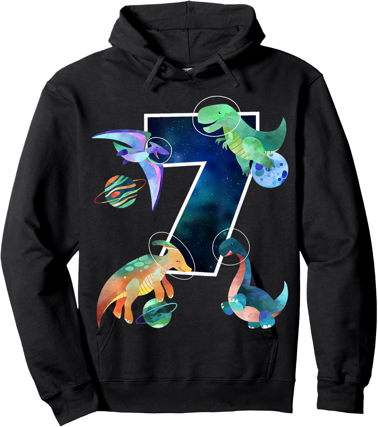 Kids Astronaut Outer Space Dinosaurs 7th Birthday Boy Gift Hoodie - Hoodie | Black