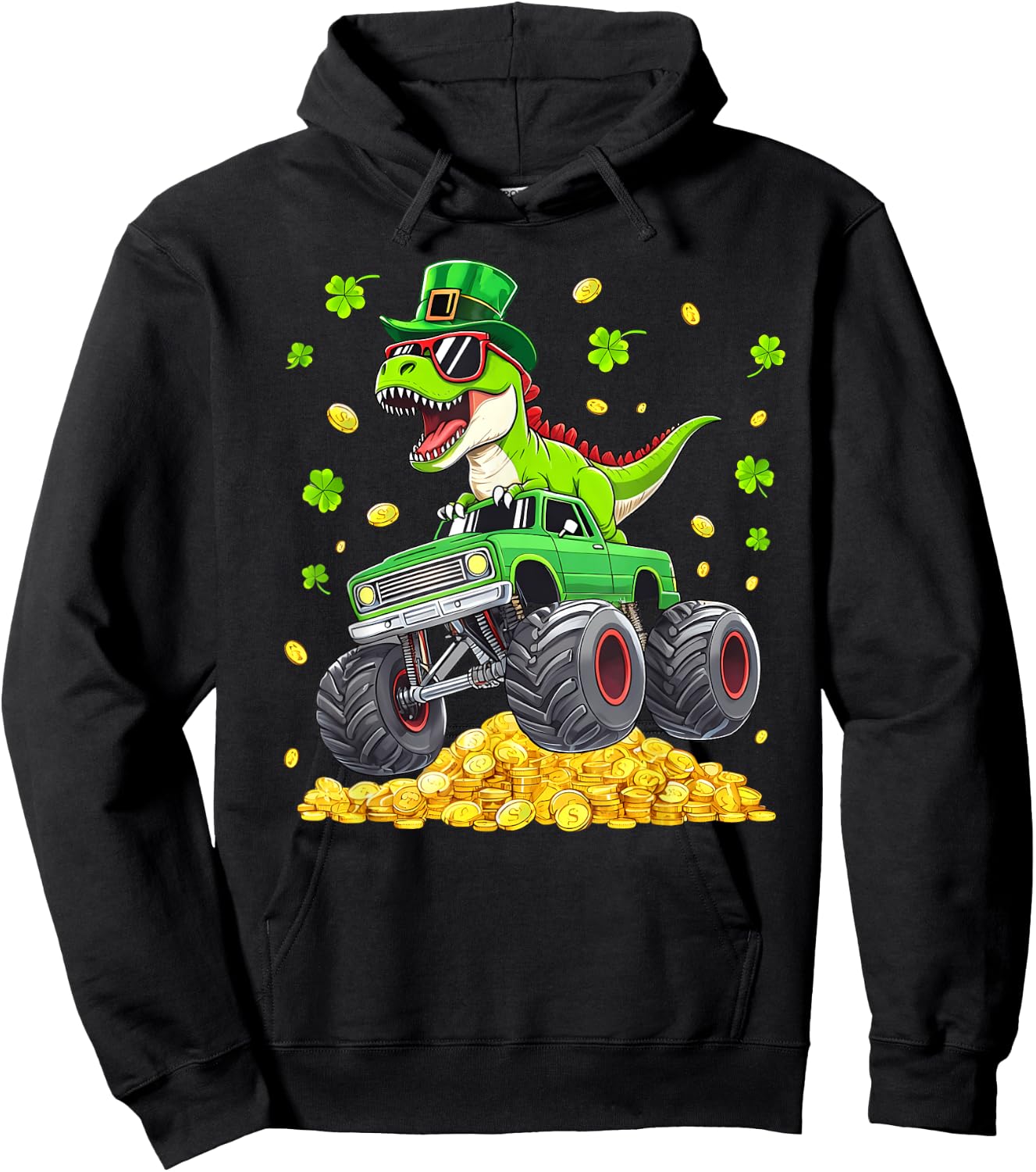 St Patricks Day Dinosaur T-rex Monster Truck Pattys Boy Men Hoodie - Hoodie | Black