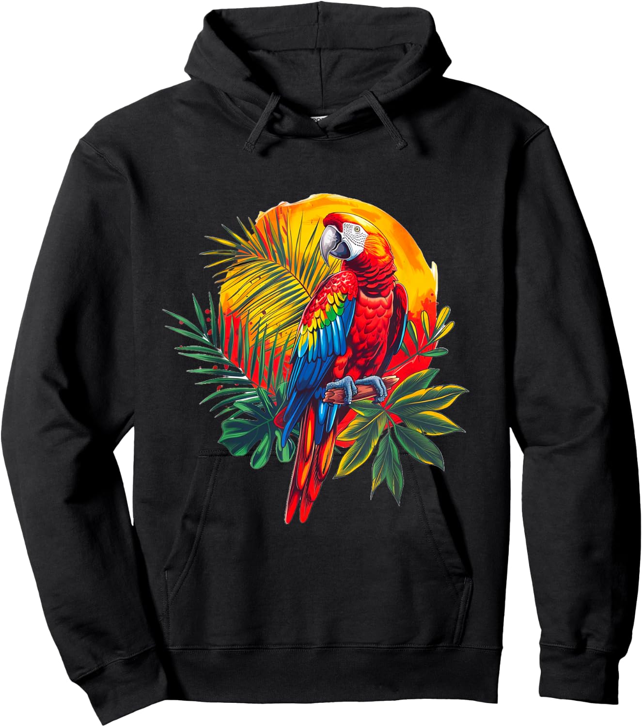Scarlet Macaw Paradise: Tropical Parrot and Nature Sunset Hoodie - Hoodie | Black