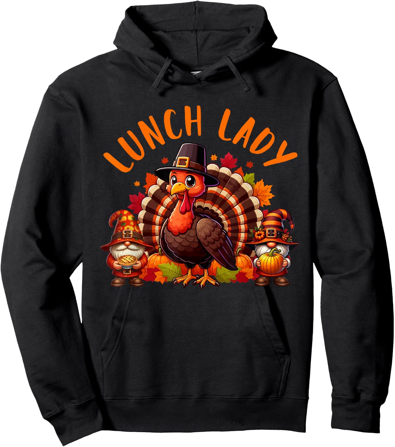 Lunch Lady Job Thanksgiving Turkey With Gnomes Fall Leaves Hoodie - Hoodie | Black