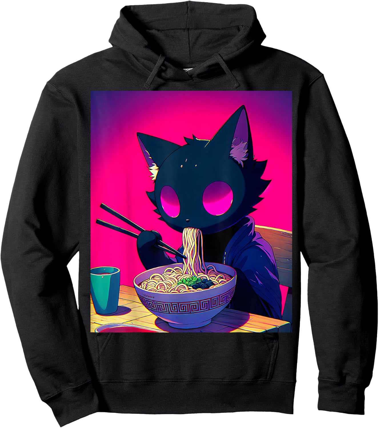 Void Black Cat Eating Ramen Anime Cat Gifts Men Women Kids Hoodie - Hoodie | Black