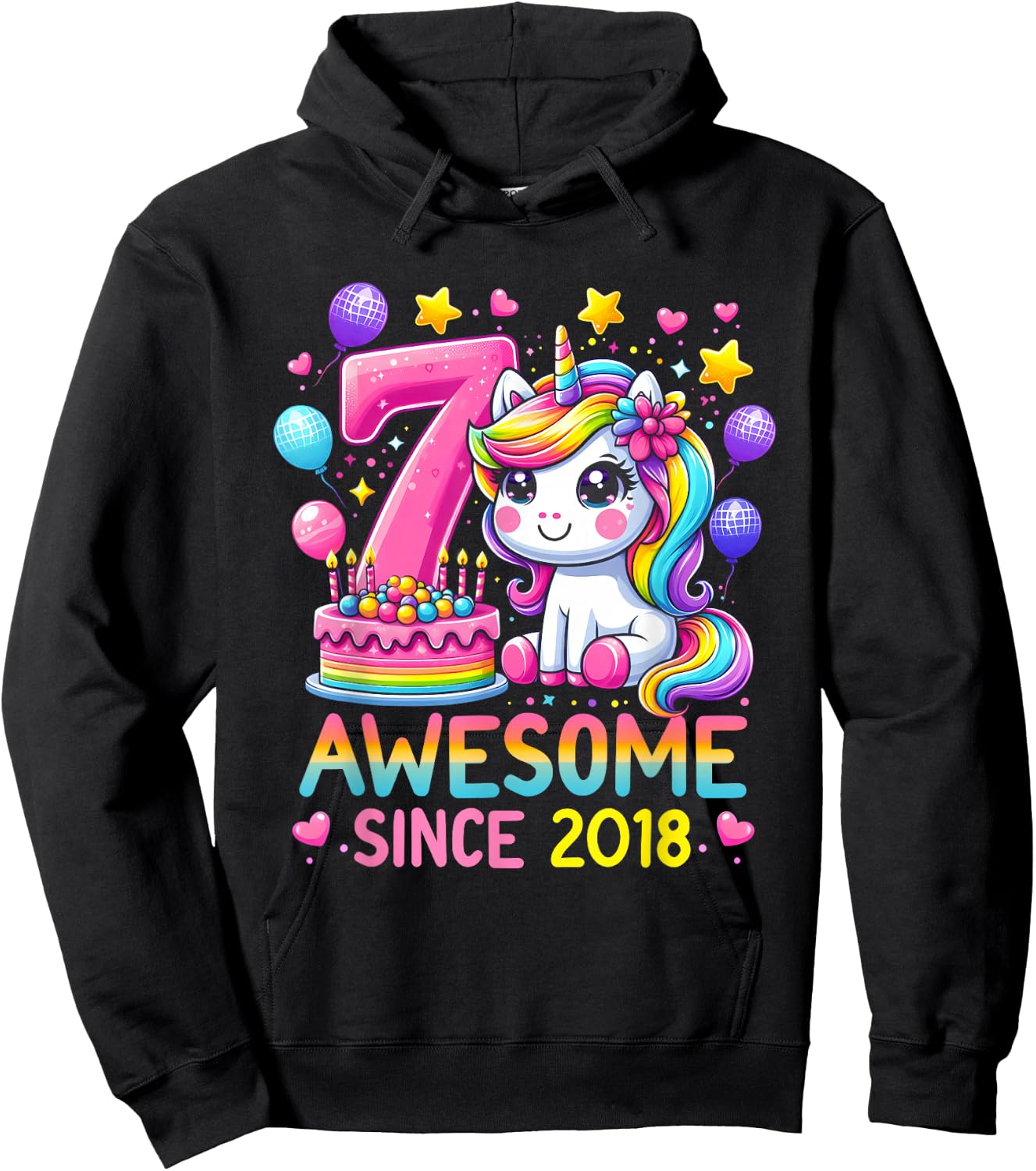 Unicorn 7th Birthday 7 Year Old Party Awesome Since 2018 Hoodie - Hoodie | Black