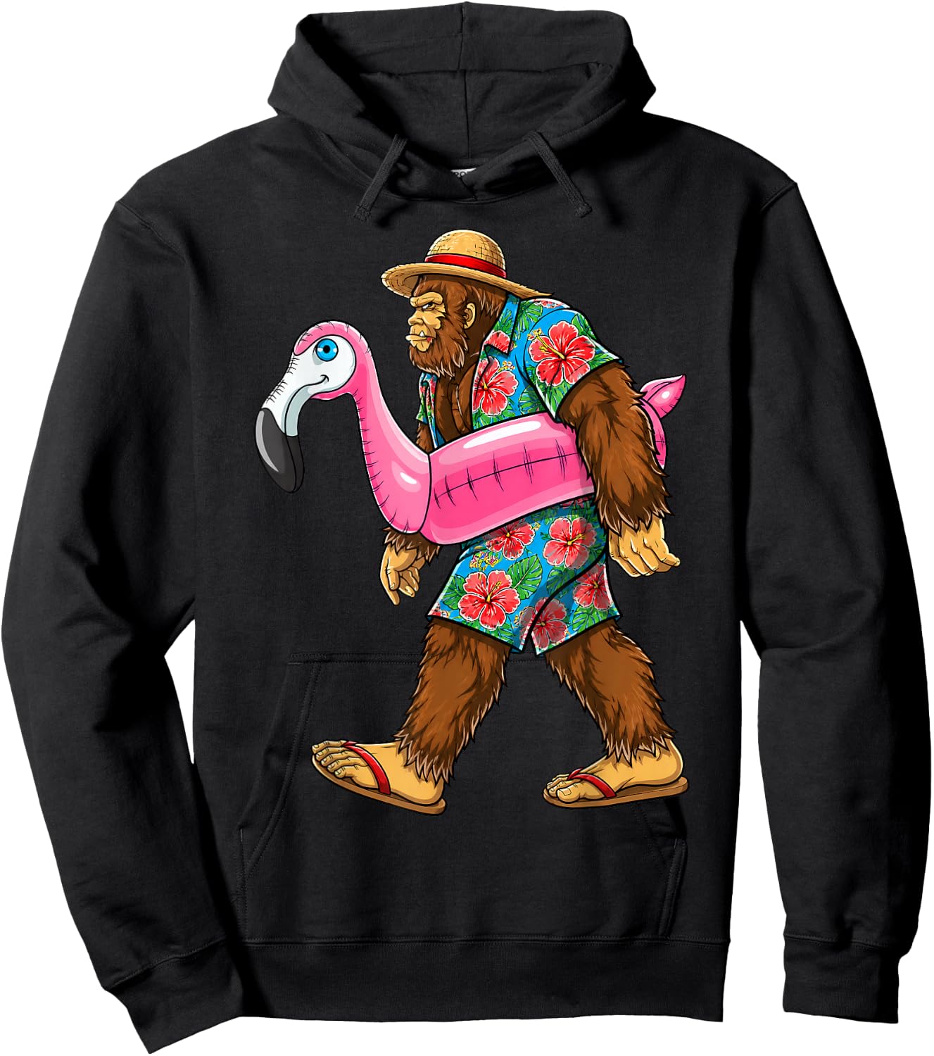 Bigfoot Flamingo Sasquatch Summer Pink Float Pool Party Hoodie - Hoodie | Black