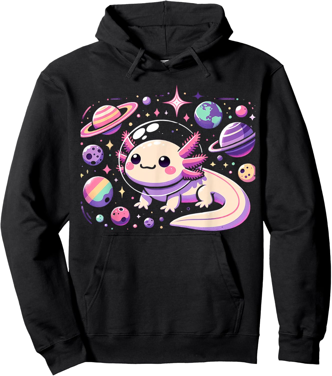 Kawaii Axolotl in Space with Planets Stars Anime Aesthetic Hoodie - Hoodie | Black