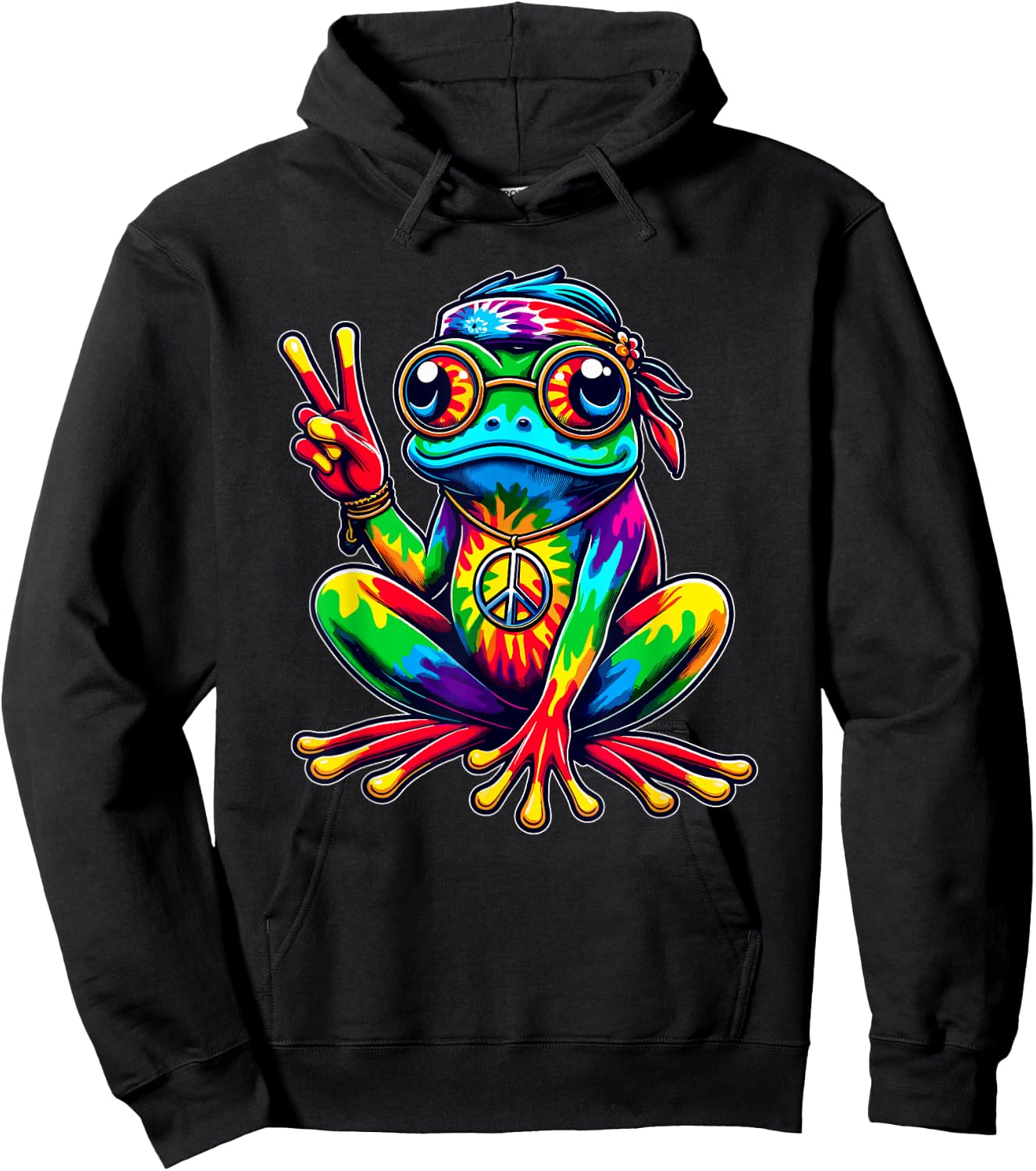 Hippie Tie-Dye Frog, 60s Party & 70s Costume, Peace Sign Hoodie - Hoodie | Black