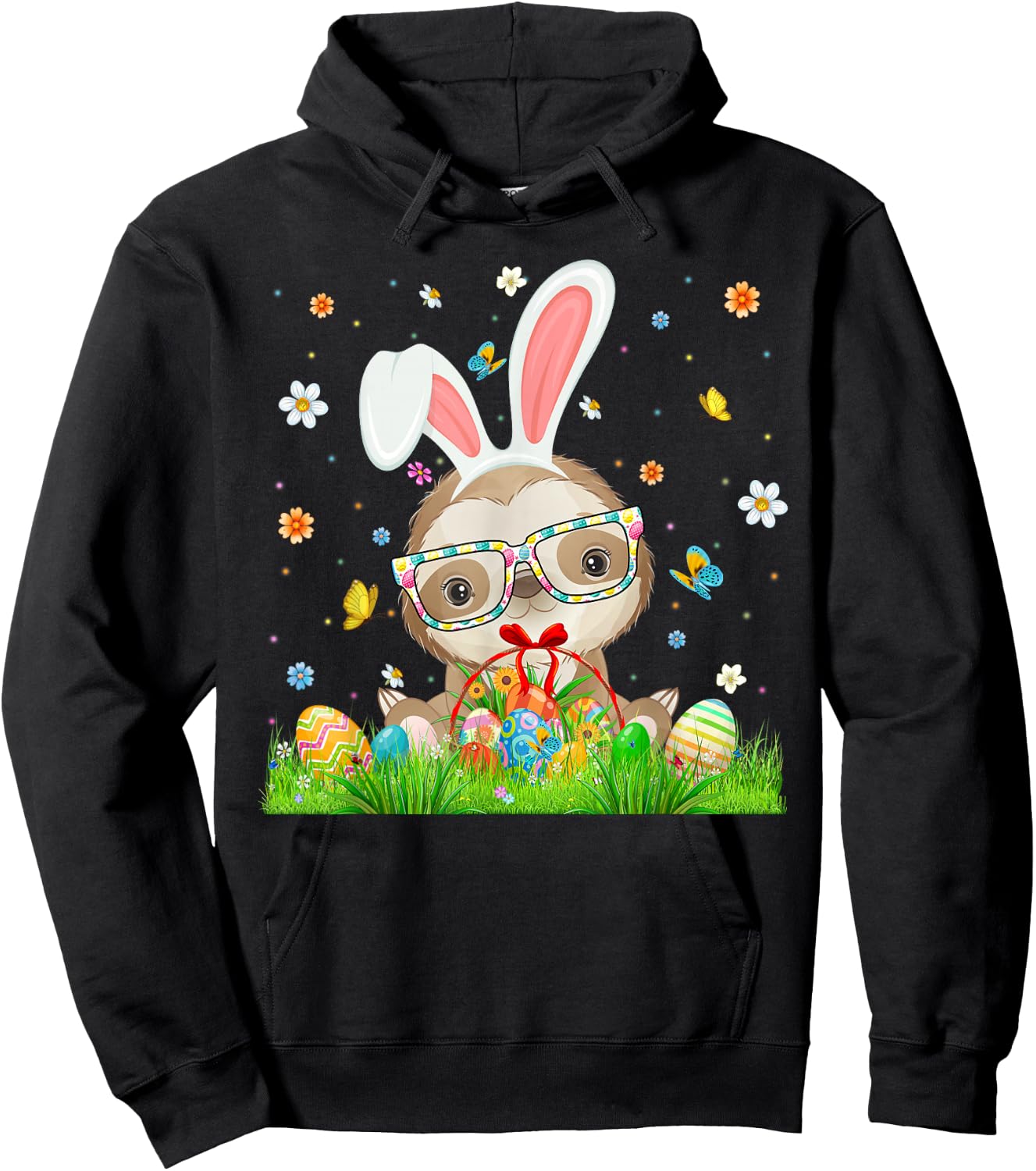 Cute Bunny Sloth & Easter Egg Basket Happy Easter Day Kids Hoodie - Hoodie | Black