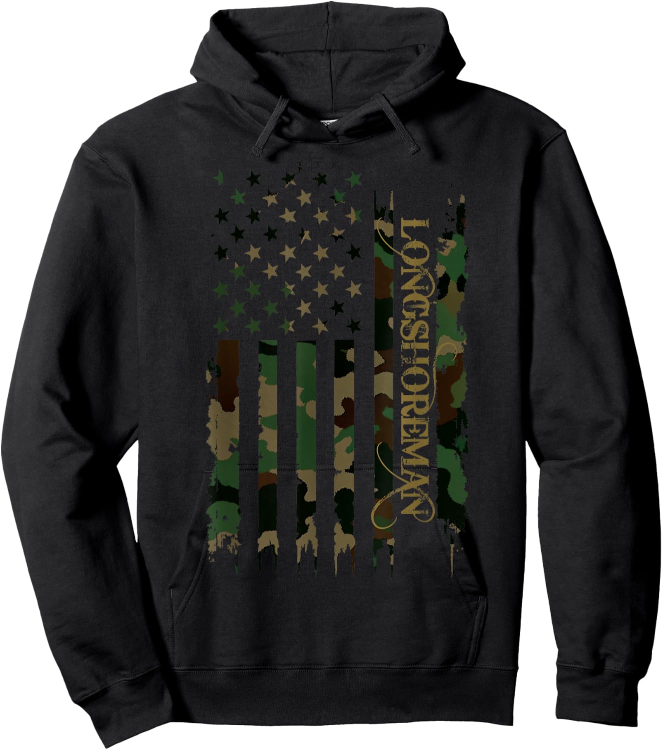Longshoreman United States Distressed Camo w US Flag Hoodie - Hoodie | Black