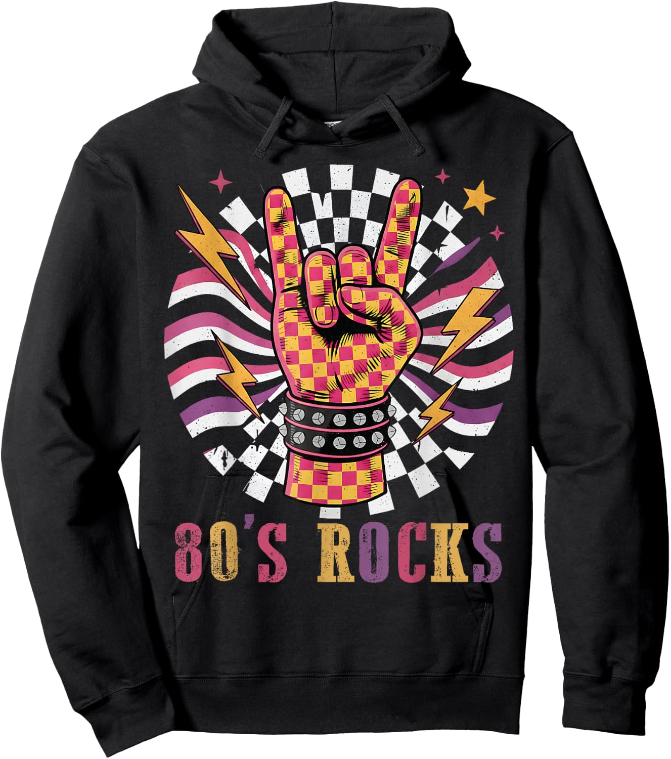 Checkered 80s Rocks Retro Vintage 1980s Rock & Roll Music Hoodie - Hoodie | Black