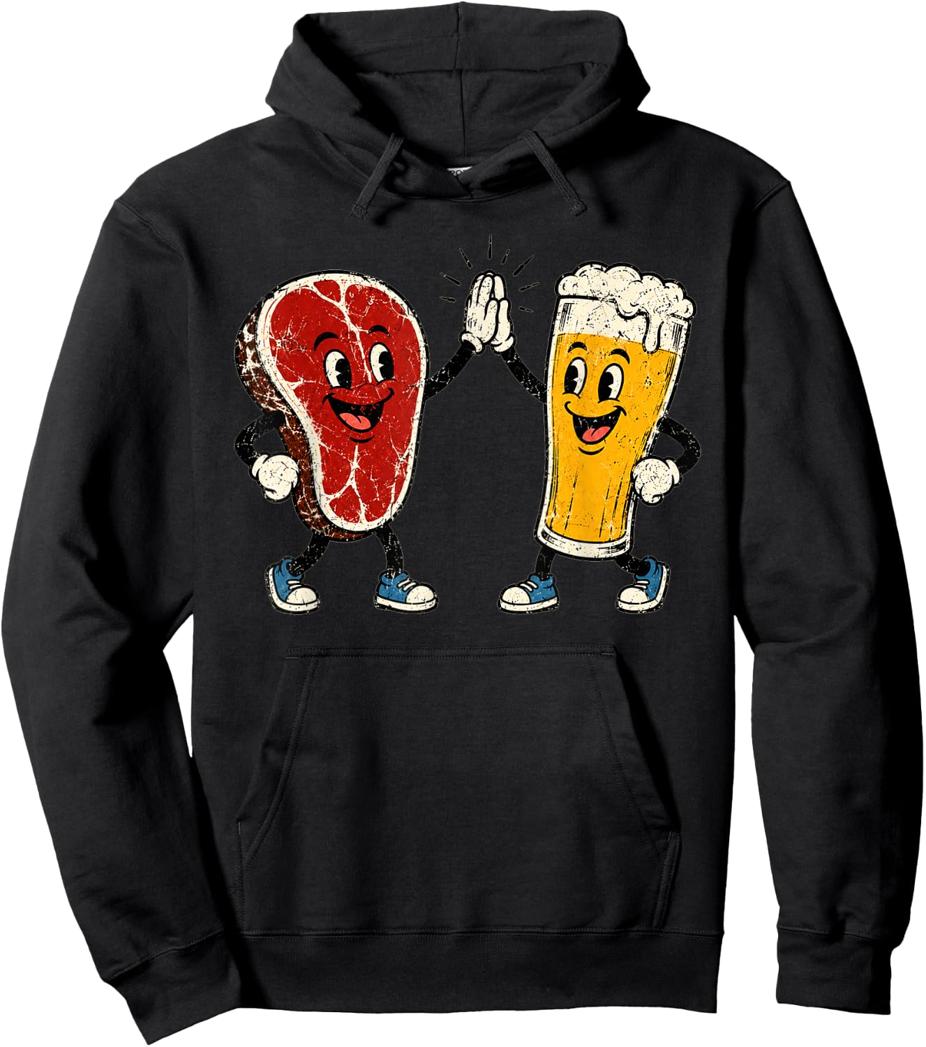 Steak and Suds Funny Steak Beer Retro Cartoon High Five Food Hoodie - Hoodie | Black