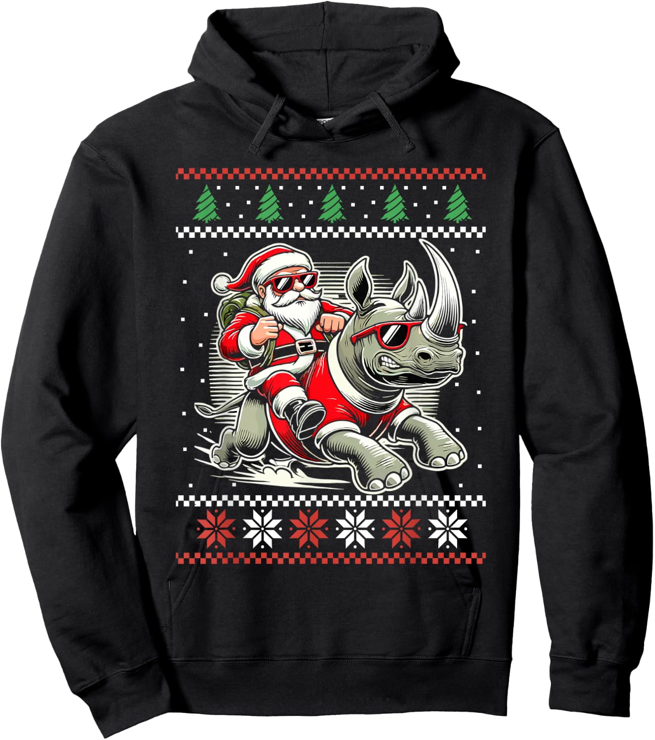 Santa Riding Rhinoceros Ugly Christmas Sweater Rhino Xmas Hoodie - Hoodie | Black