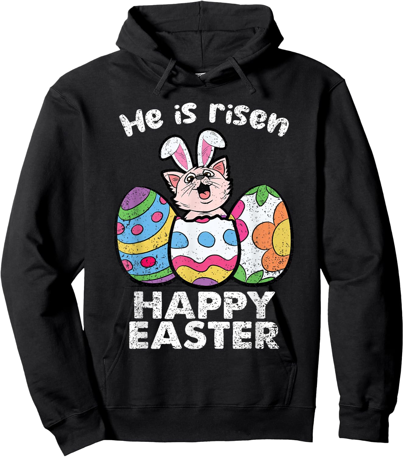 Happy Easter Cat Lover He Is Risen Egg Hunting Kitten Kitty Men Women Girls Kids Hoodie - Hoodie | Black
