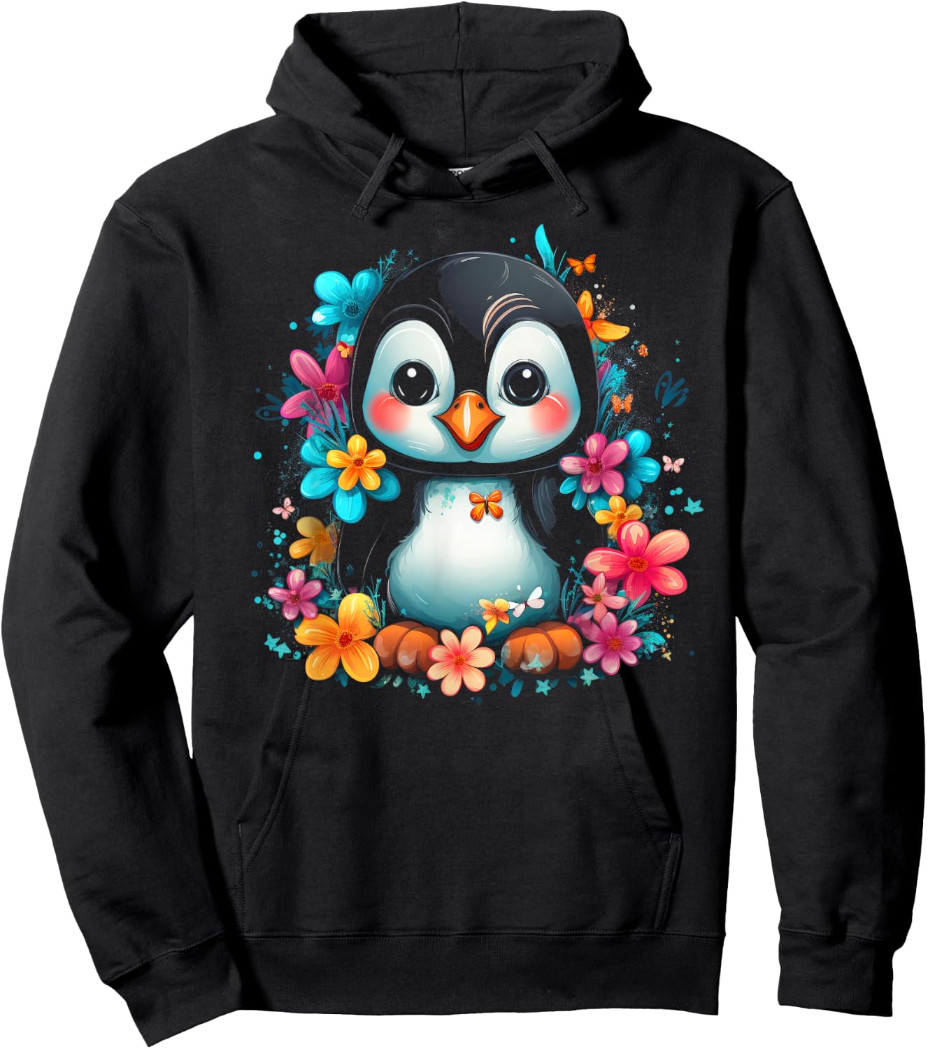 Cute Bird Face Floral Colorful Flower Butterfly - Penguin Hoodie - Hoodie | Black