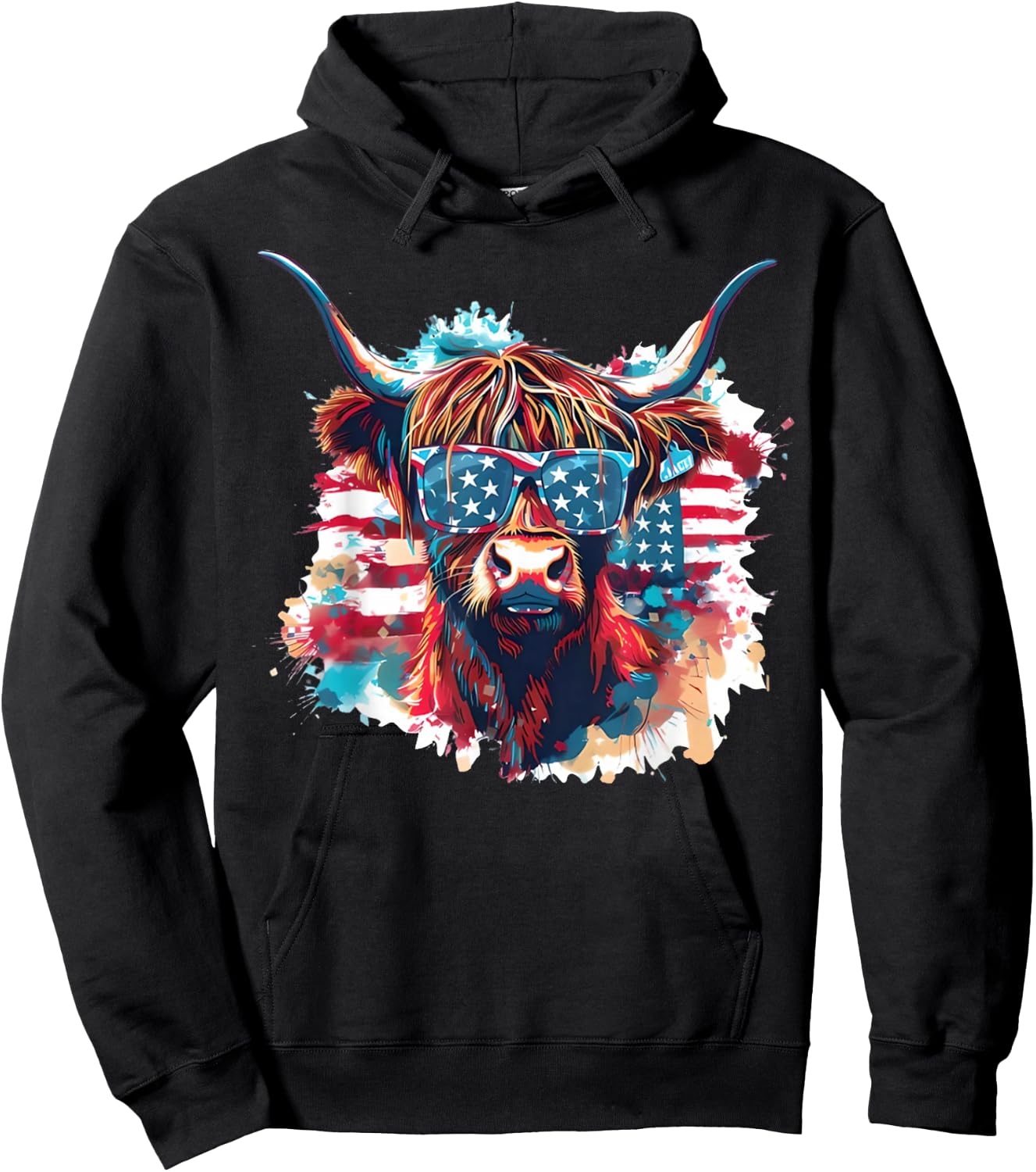 4th of July Highland Cow American Flag Funny Cows Lover Farm Hoodie - Hoodie | Black