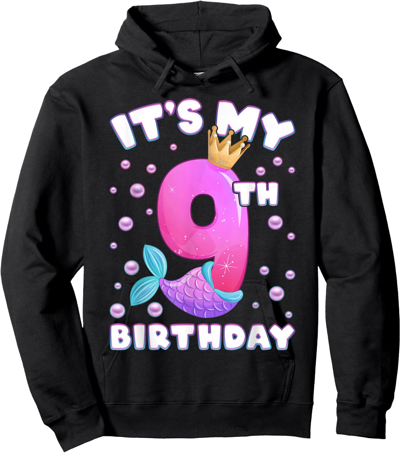 9th Birthday Girl Mermaid Tail Number 9 Hoodie - Hoodie | Black